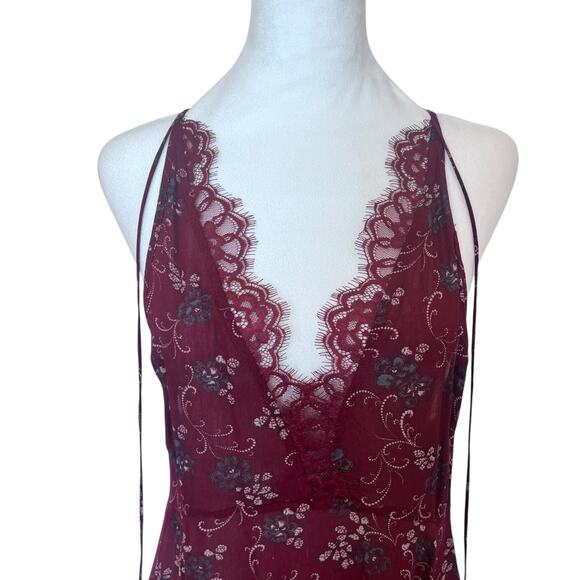 FREE PEOPLE INTIMATELY BURGUNDY LACE FLORAL PRINT SHEER DRESS NIGHTGOWN NWT LG - Picture 2 of 15
